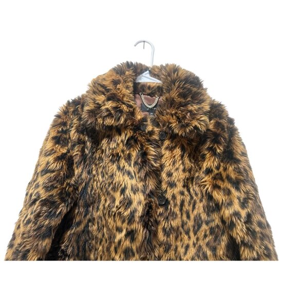 JCrew Faux Fur Leopard Coat Womens XS Brown Animal Print Mob Wife Y2K Evening - Picture 10 of 16